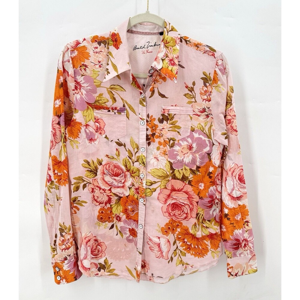 Arnold Zimberg La Femme Shirt Women L Pink Floral Cotton Button Up Cottagecore